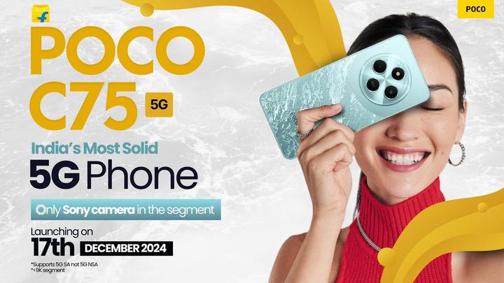 POCO C75 5G smartphone, silver color, displayed on a white background