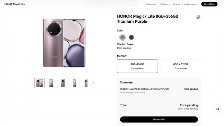 HONOR Magic7 Lite smartphone in Titanium Purple, shown on a product page with options for memory and color.
