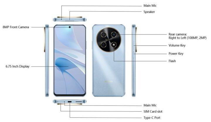 Huawei nova 13i phone image, showing front, back, and side views with labeled features