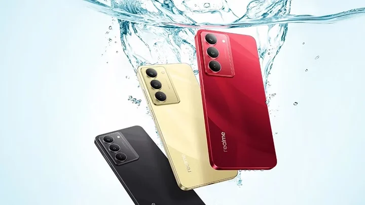 Realme 14x 5G smartphones in Jewel Red, Crystal Black, and Golden Glow colors, showcasing their water resistance.