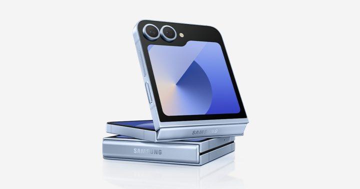 Samsung Galaxy Z Flip 6 smartphone folded shut, showcasing its compact design.