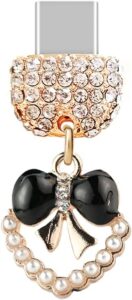 Type-C Crystal Bow Heart Dust Plug Charm - White