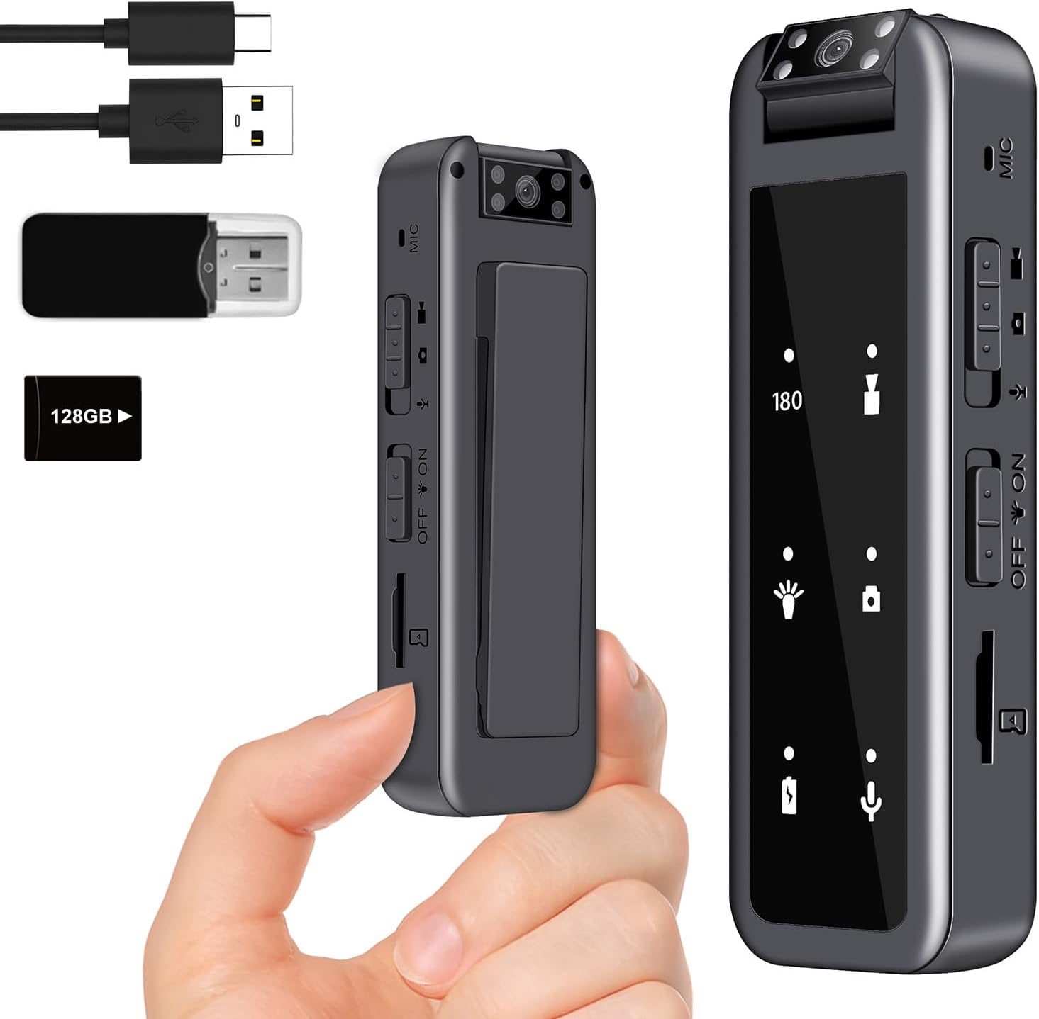 128GB Mini Body Cam: 1080P, Night Vision, 5H, Rotating Lens