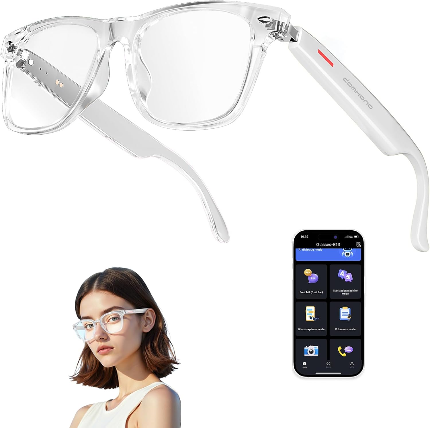 BT AI Smart Glasses: 164 Lang, Open Ear, UV/Blue Light