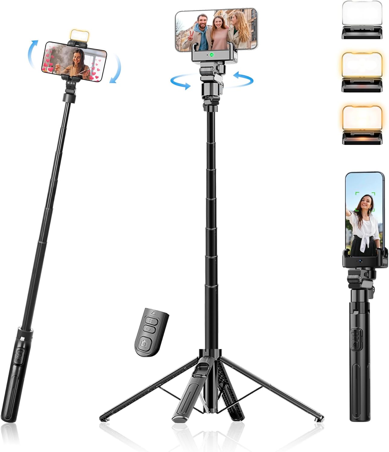 Auto Face Tracking Tripod & 360 Rotating Selfie Stick with Light, Smart AI Motion Sensor, Facial Recognition, 1-Axis Gimbal Stabilizer Phone Holder for iPhone/Android, TikTok Video Recording/Vlog