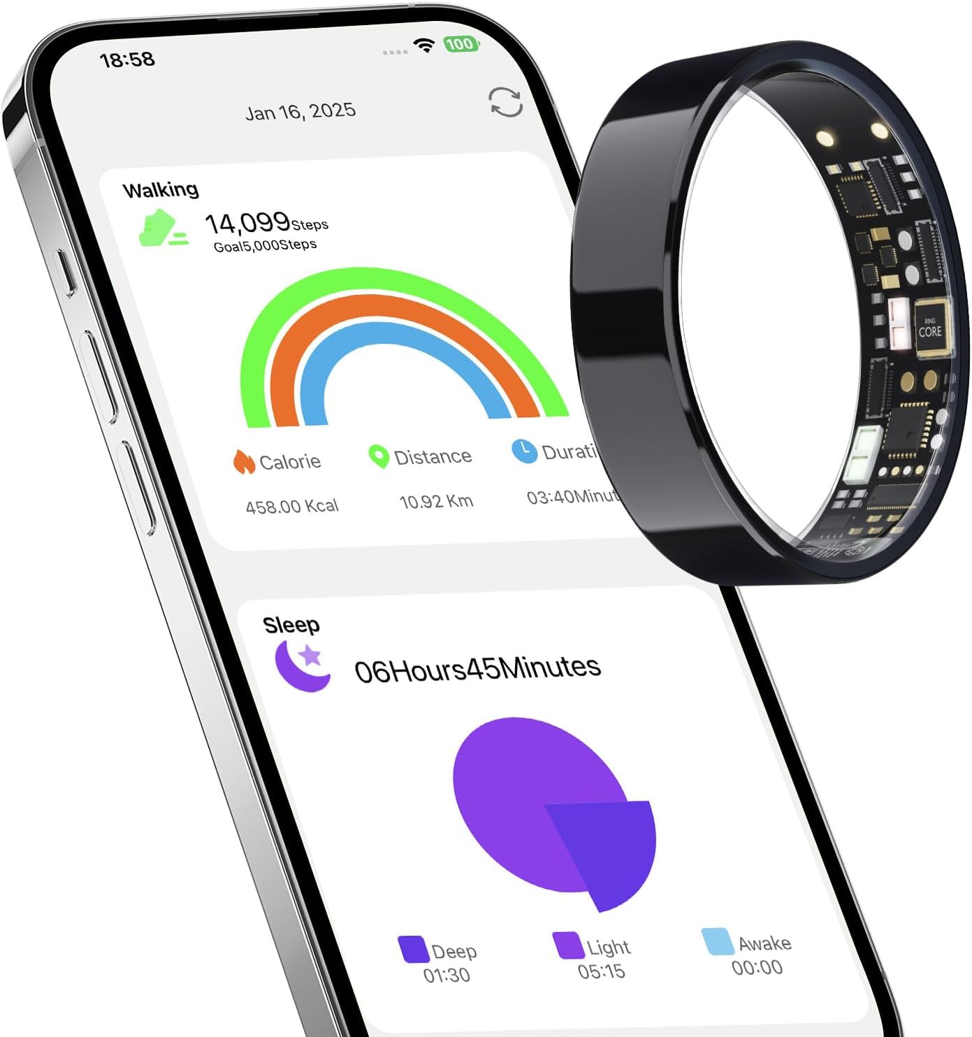 Smart Ring: Sleep & Fitness, 9-Day Battery, No Subscription, Android & iOS