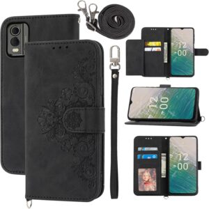 Nokia C32 Leather Case w/ Card Holder & Strap