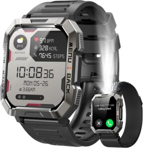 Mil. Smartwatch:100D Batt,100+ Sports,Calls,2 Straps