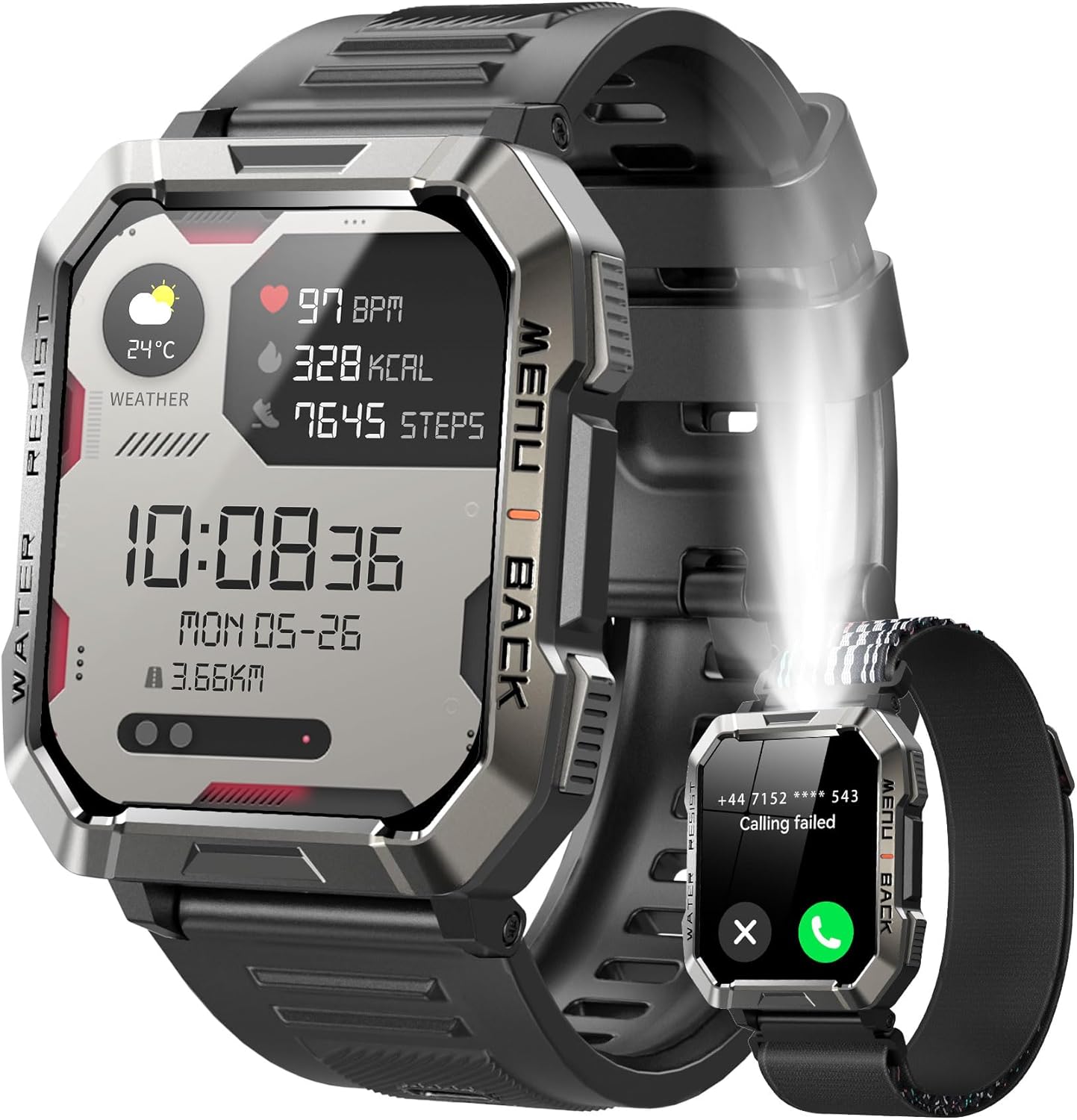 Mil. Smartwatch:100D Batt,100+ Sports,Calls,2 Straps