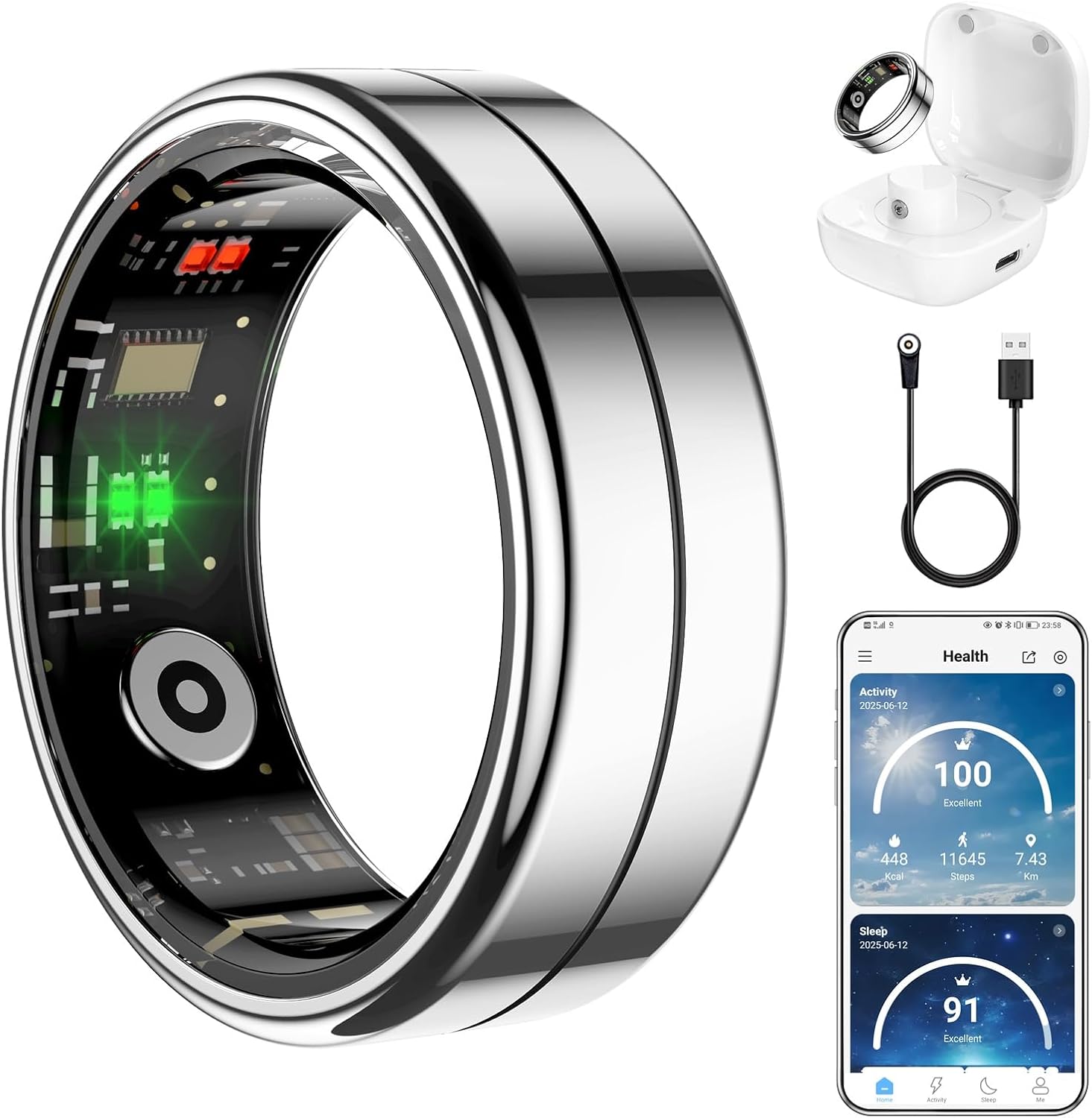 Fit Ring: Health Tracker iPhone/Android Silver 9