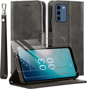 Nokia C300 Black PU Wallet Case: TG, Card Slots, Kickstand
