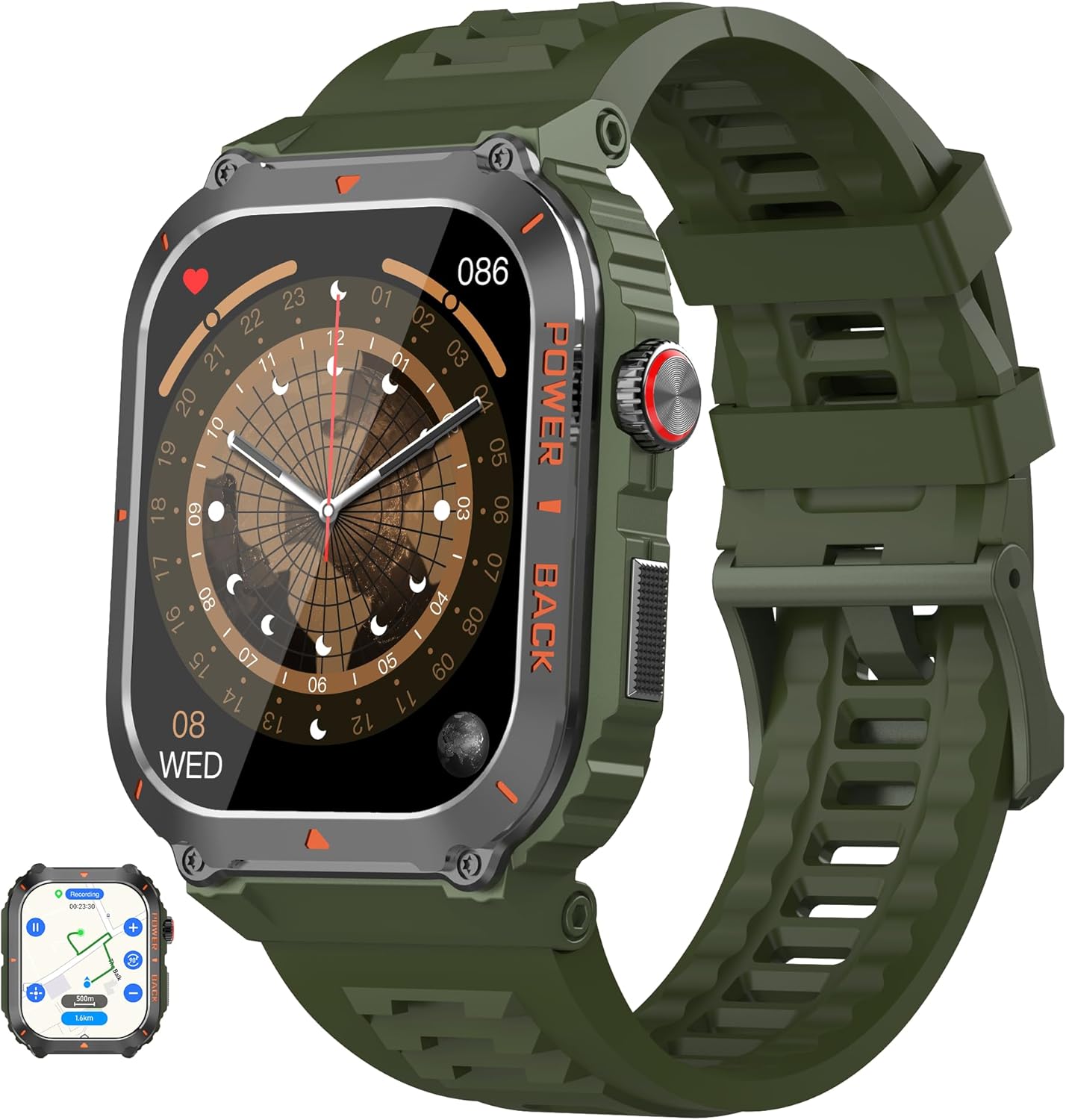 Mil GPS Watch: Offline Map, Alt/Comp, SpO2/HR, 100+Modes,WP