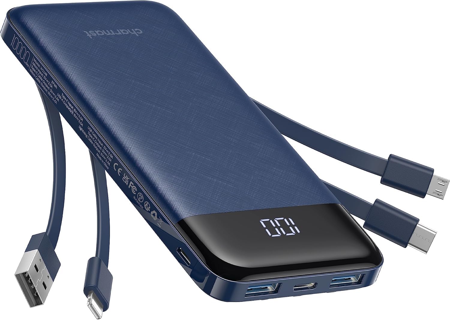 Slim 10000mAh Charger Built-in Cables 6+3 Ports Fast Charge