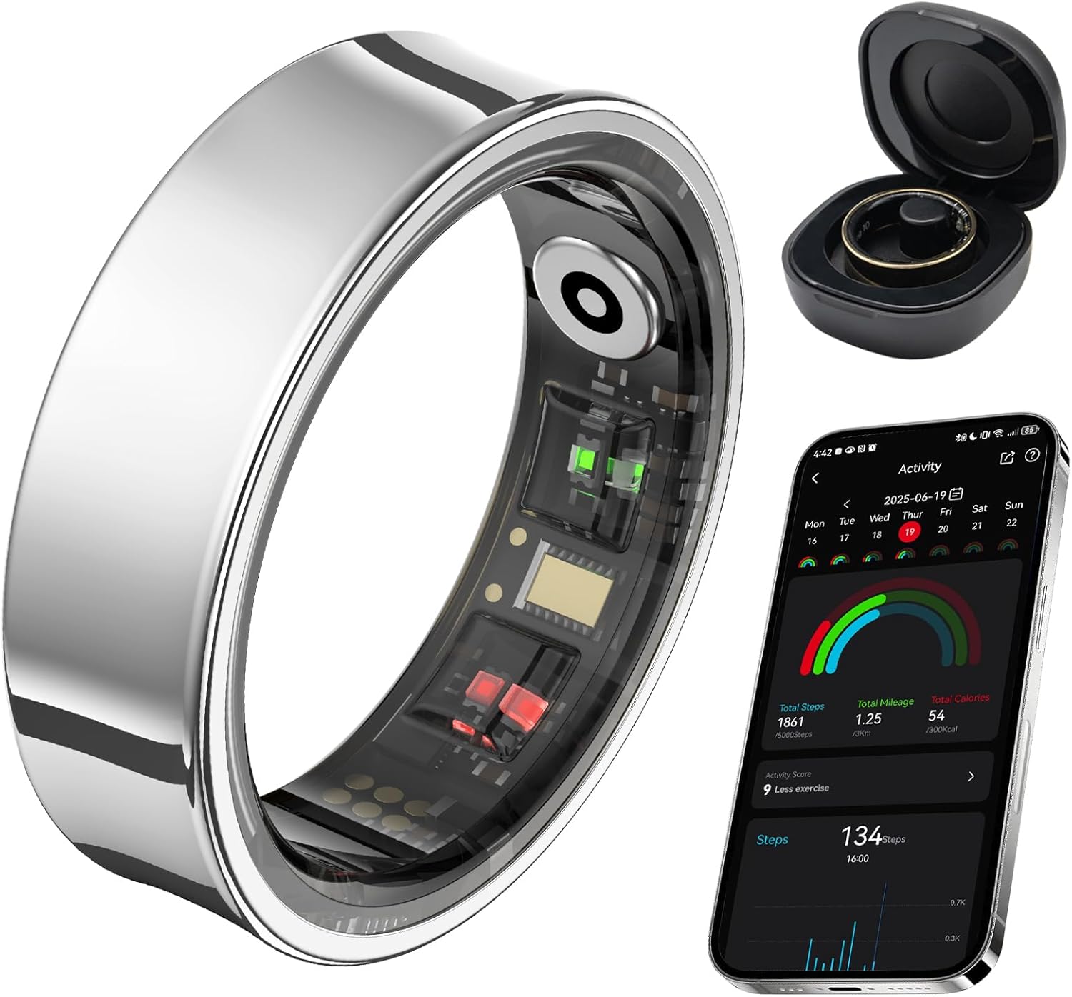 Silver Fitness Ring:Health Tracker, Waterproof, iOS/Android