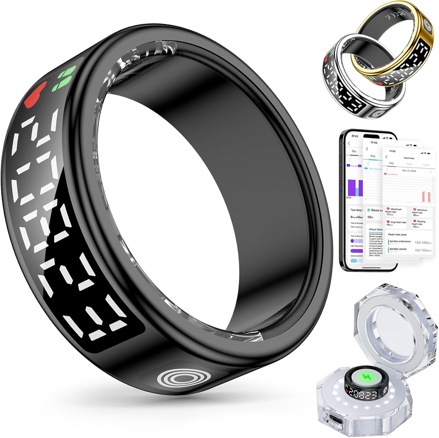 Smart Ring w/LED, iOS/Android, Tracks HR/SpO2/Sleep/Steps