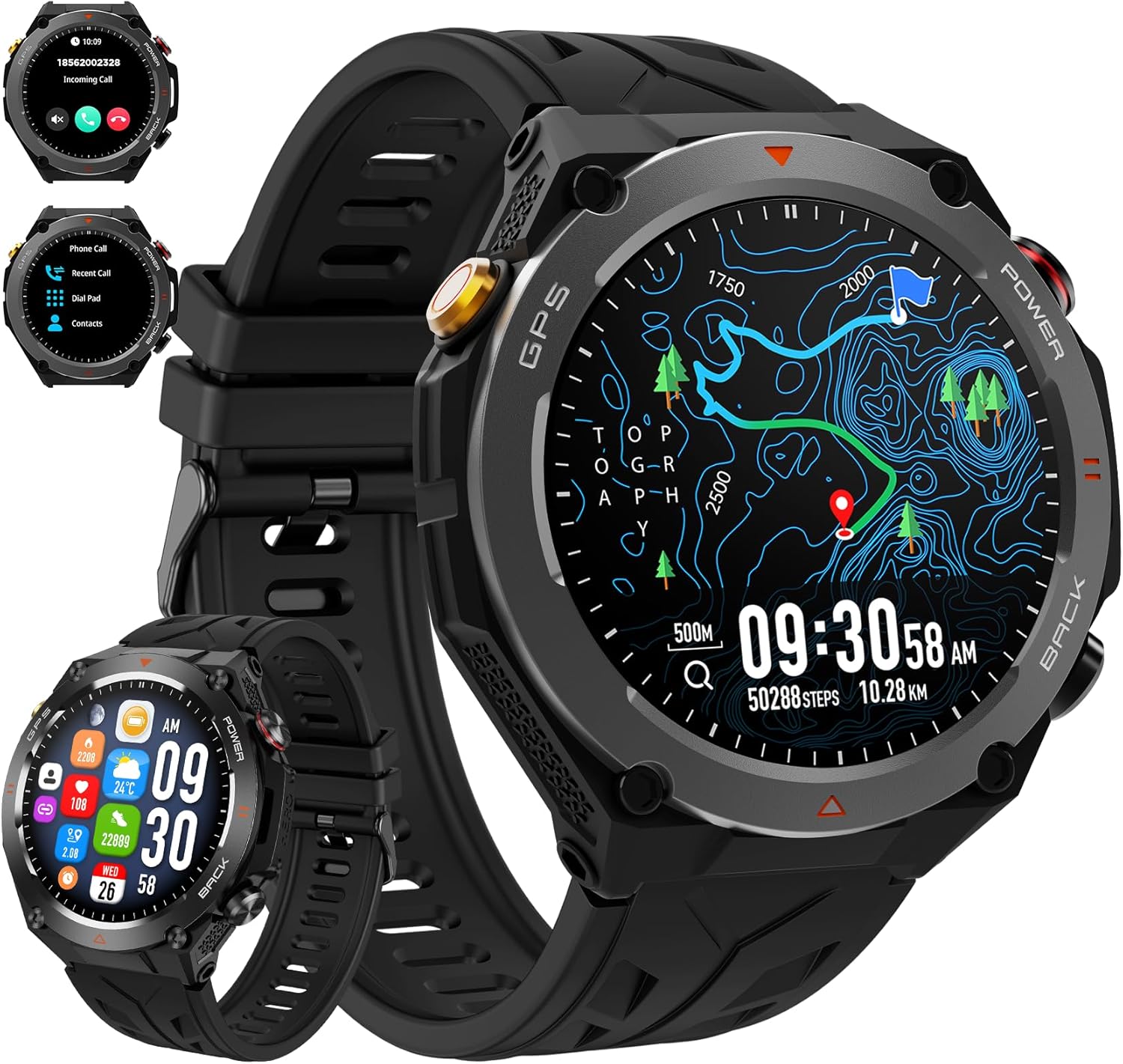 Military Smartwatch: GPS, Call, 100+ Sports,Long Batt A/iOS