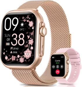 100-Day Battery Smartwatch: Call, Health Tracker, Gold, 2 Bands