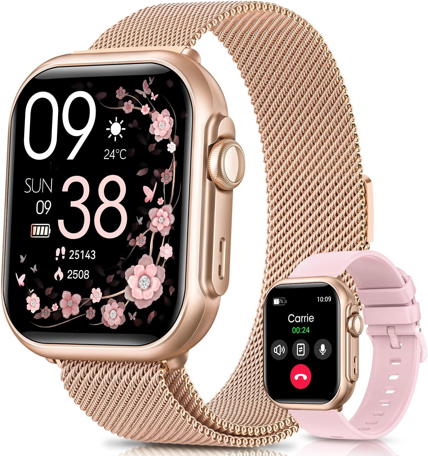 100-Day Battery Smartwatch: Call, Health Tracker, Gold, 2 Bands