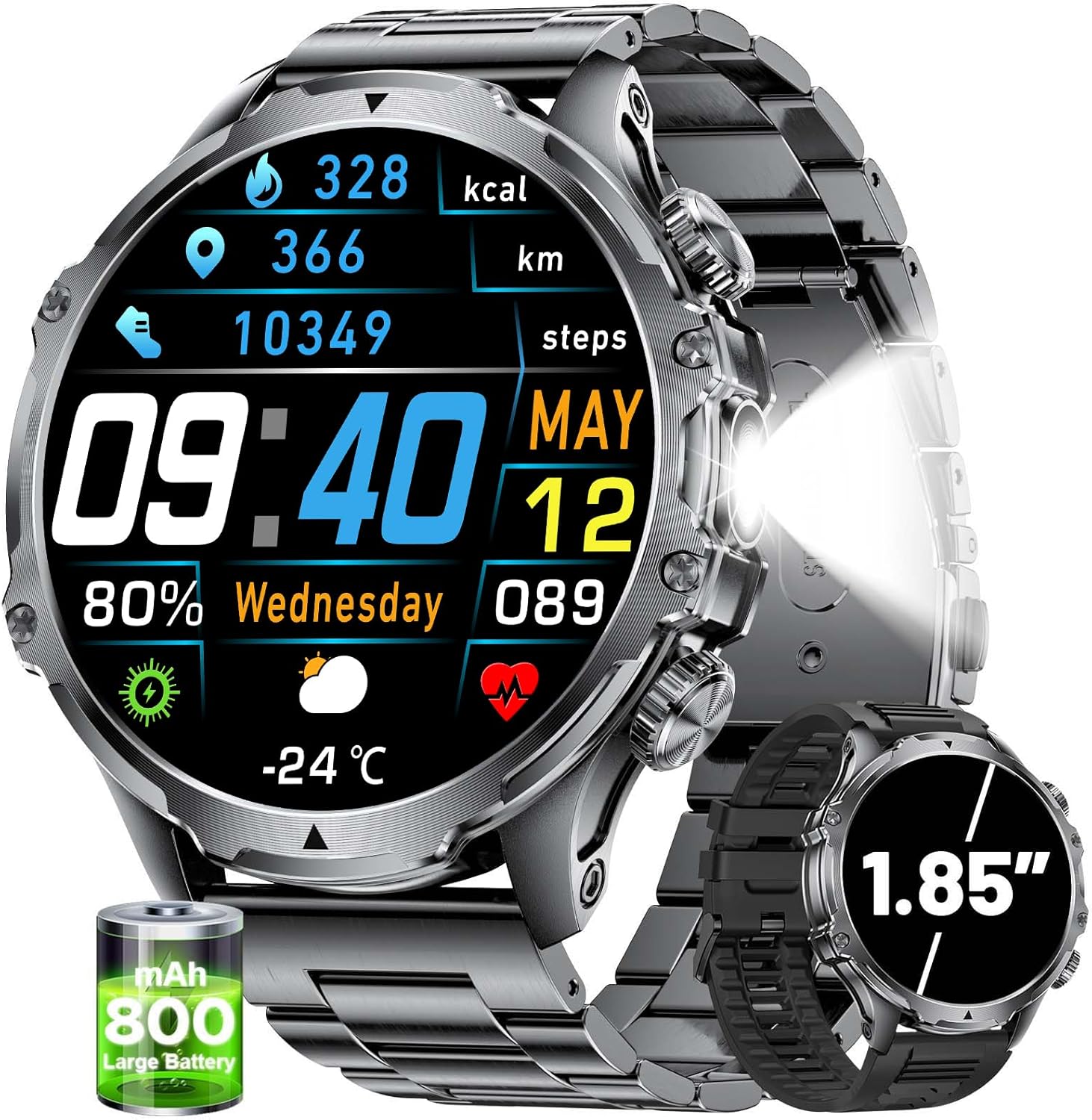 SUNKTA 1.85" HD Smartwatch, Bluetooth Calls, HR/SpO2, Black
