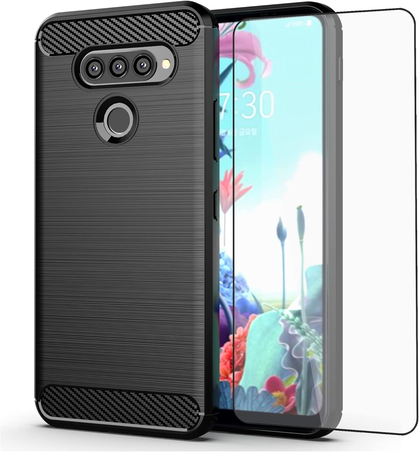 LG Q70 Case with Tempered Glass Screen Protector, Carbon Fiber Black