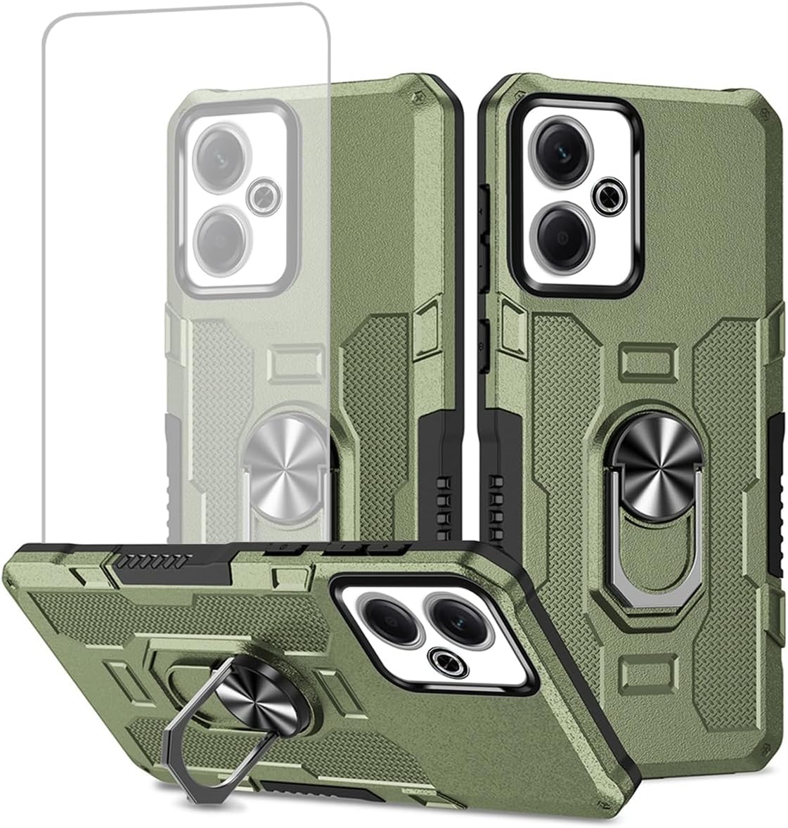 Redmi 13 4G Case: Tempered Glass, Magnetic Kickstand, Green