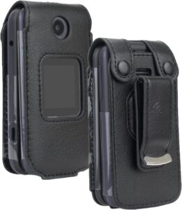 TCL/Alcatel Flip Phone Case - Black Leather w/ Protector & Clip