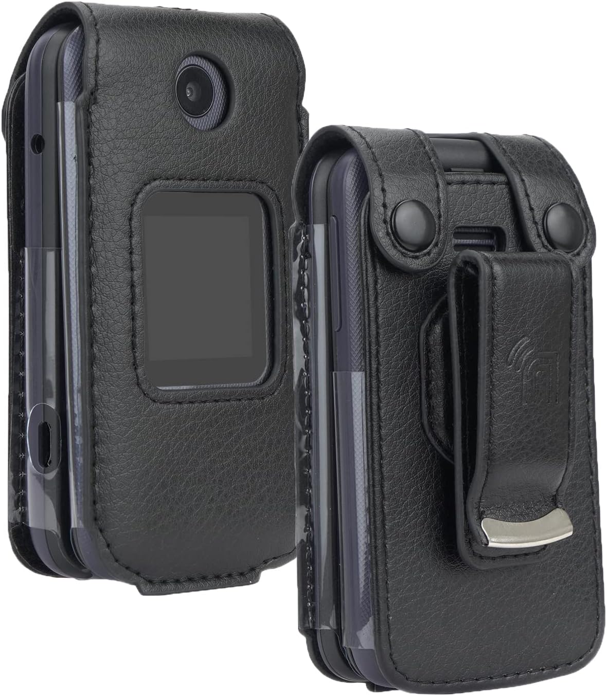 TCL/Alcatel Flip Phone Case - Black Leather w/ Protector & Clip