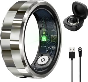 Smart Ring, Fitness Tracking Smart Ring with Calories/Heart Rate/Blood Oxygen/Sleep Monitoring, IP68 Waterproof,No App Subscription, with Charging Case, APP for iOS & Android (Silver, Sizes-9#)