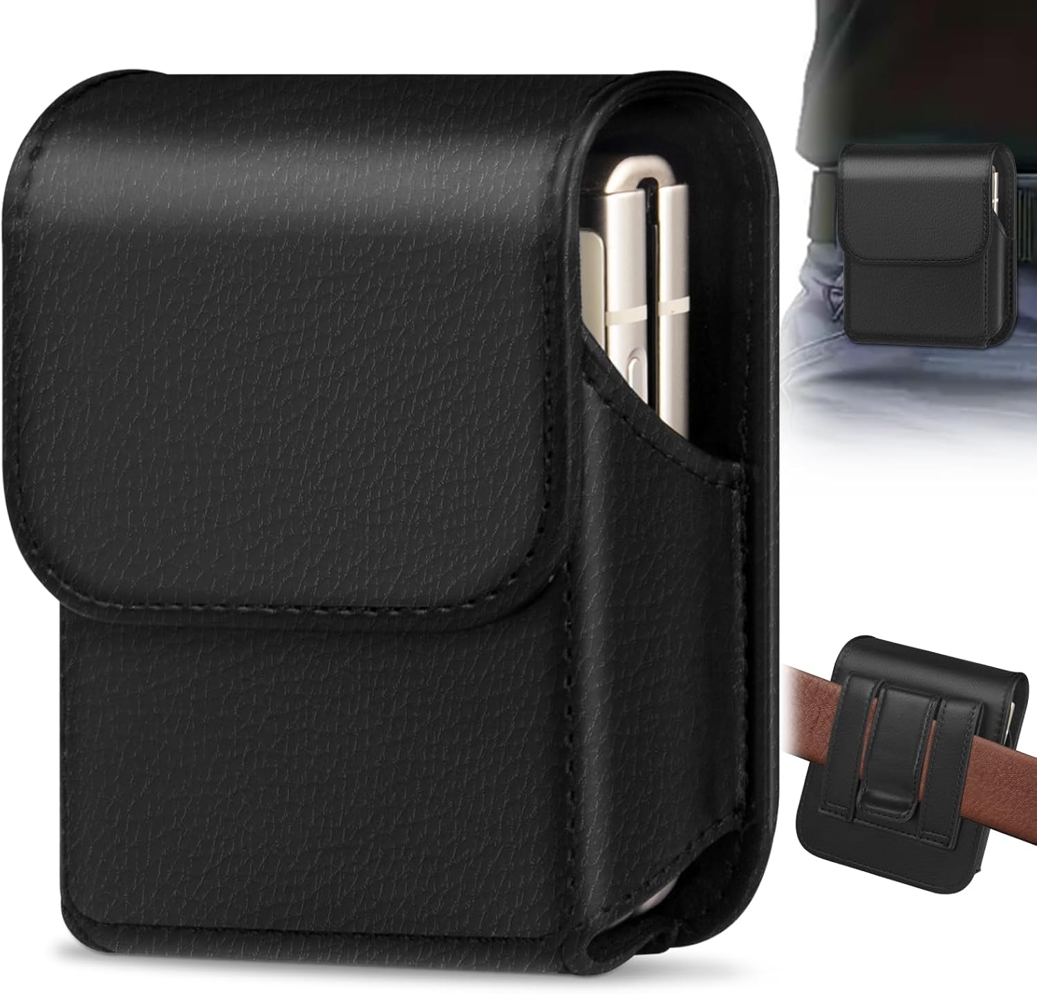 Flip Phone Holster for Samsung/Motorola - Belt Clip & Card Holder (Black)