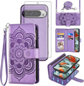 Asuwish Magnetic Wallet Case for Pixel 9 Pro XL Purple Flower