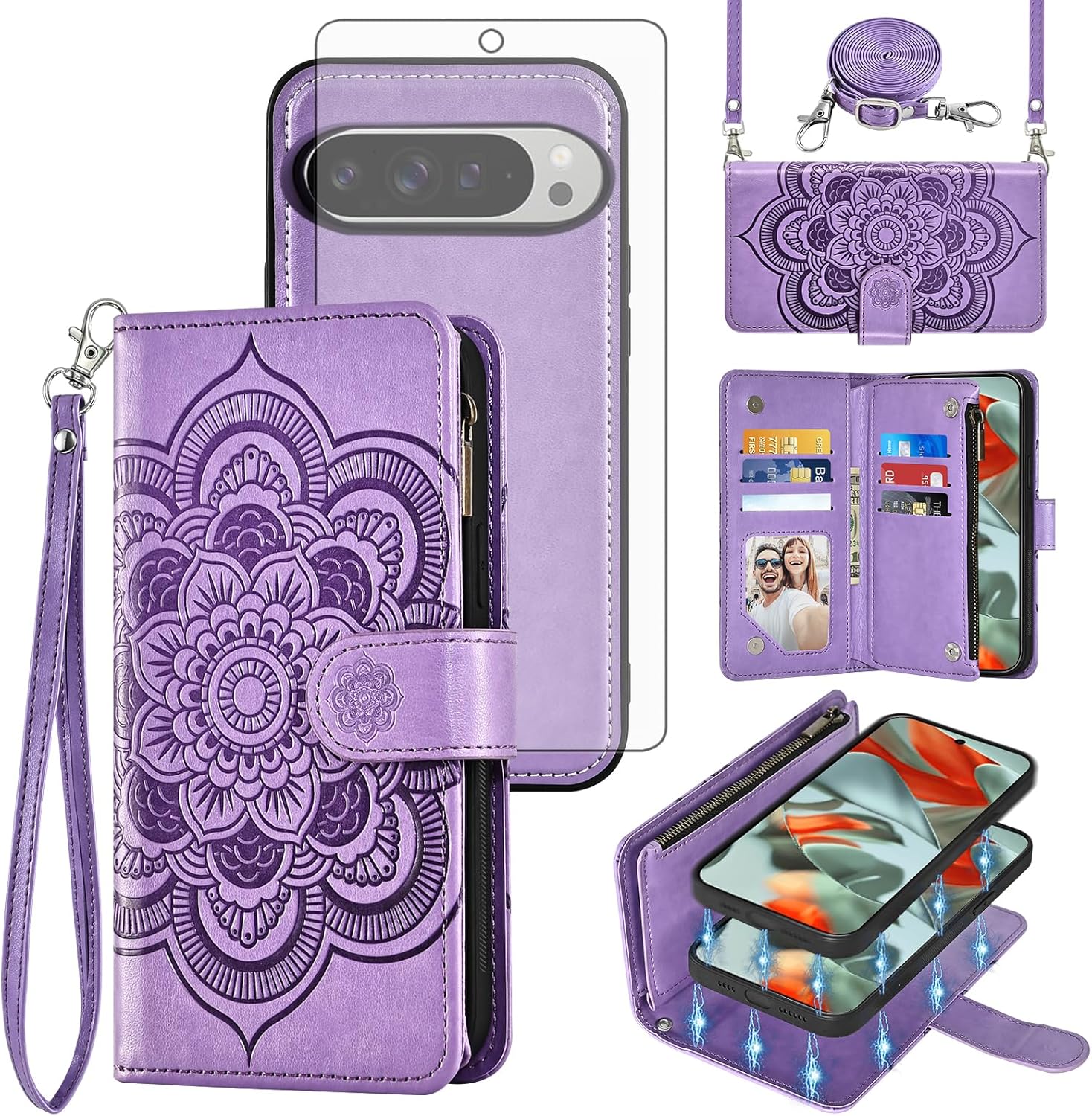 Asuwish Magnetic Wallet Case for Pixel 9 Pro XL Purple Flower