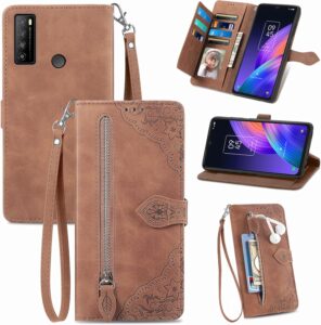 TCL 30 XL Leather Wallet Case with Wrist Strap & Card Holder - Brown