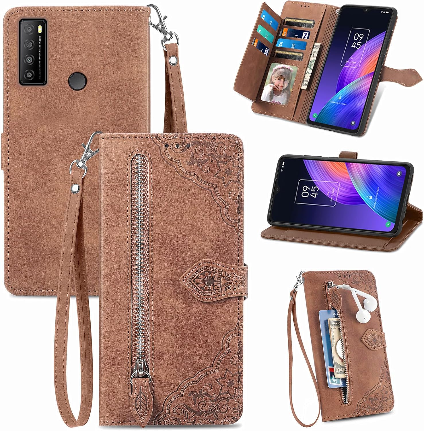 TCL 30 XL Leather Wallet Case with Wrist Strap & Card Holder - Brown