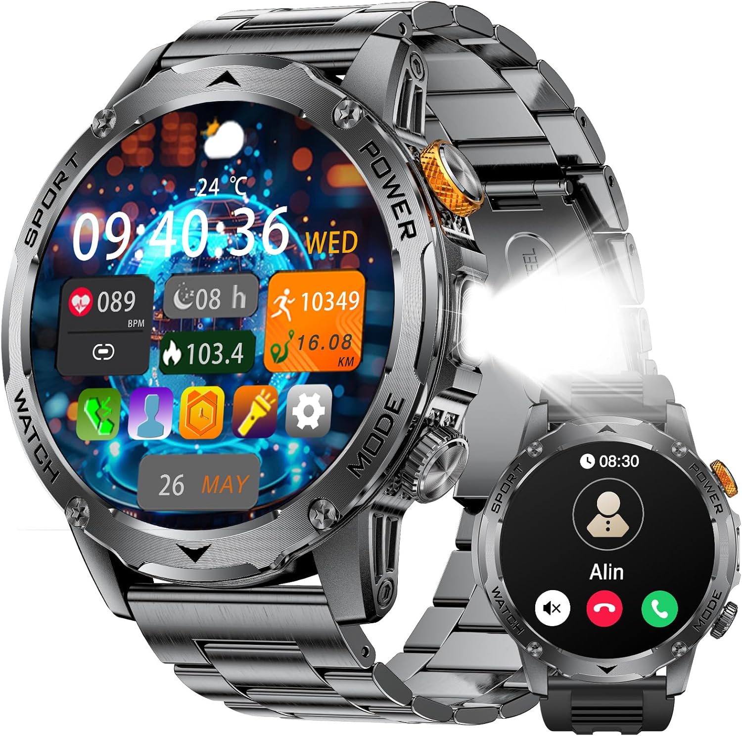 Military Smart Watch: 1000mAh Battery & Flashlight