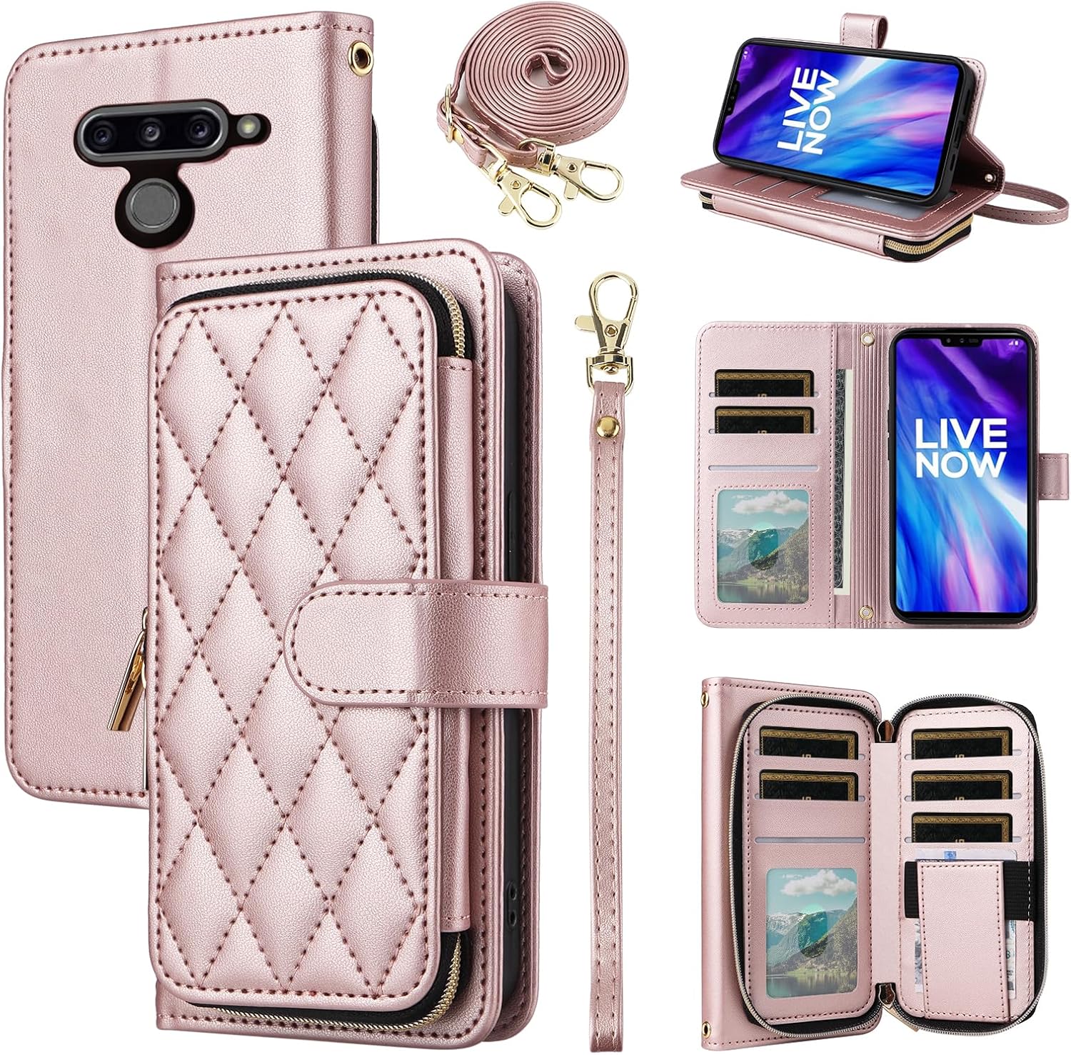 LG V40 ThinQ Wallet Case Wrist Strap Card Slots Rose Gold