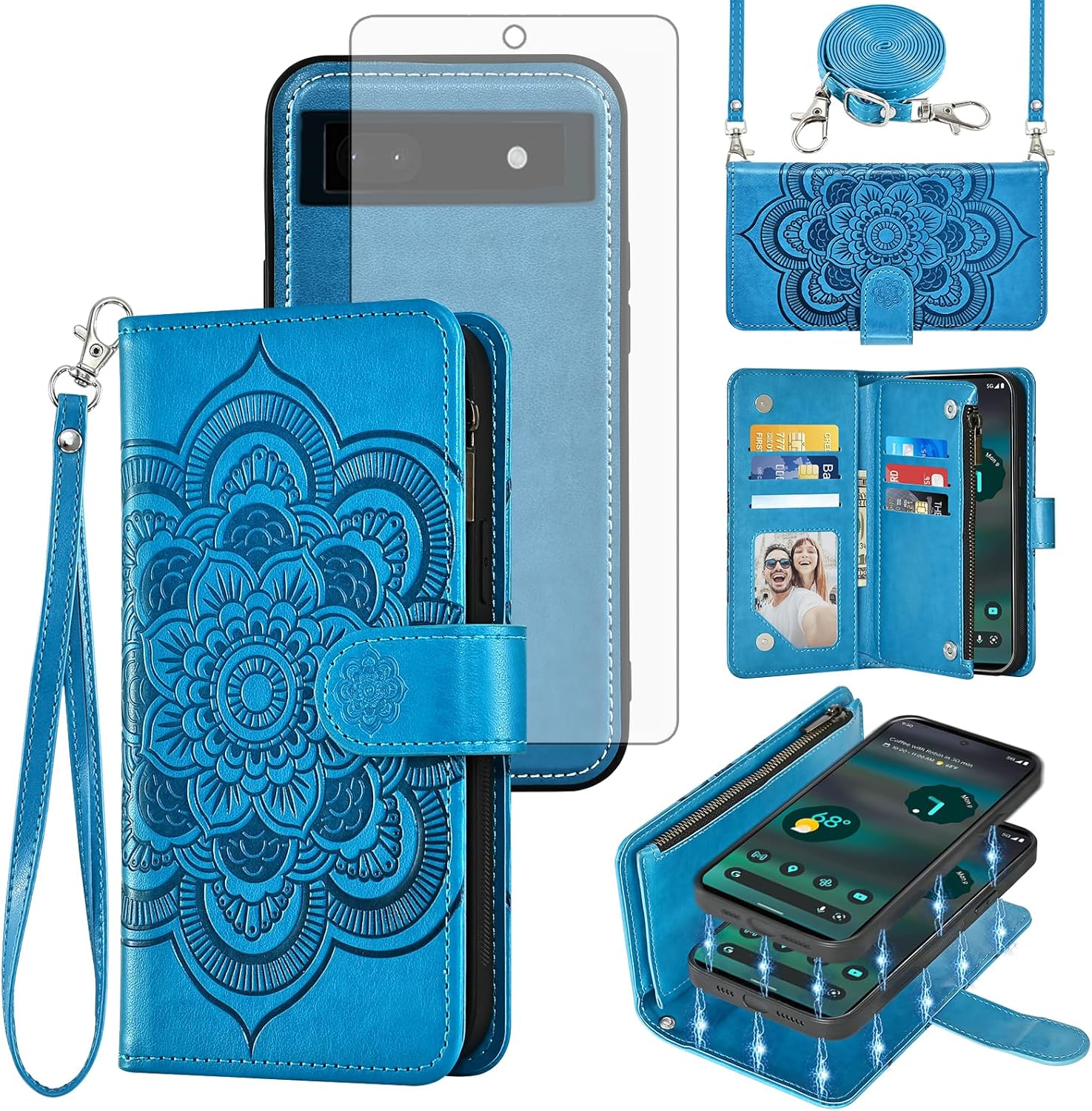 Asuwish Pixel 6A Wallet Case Mandala Blue