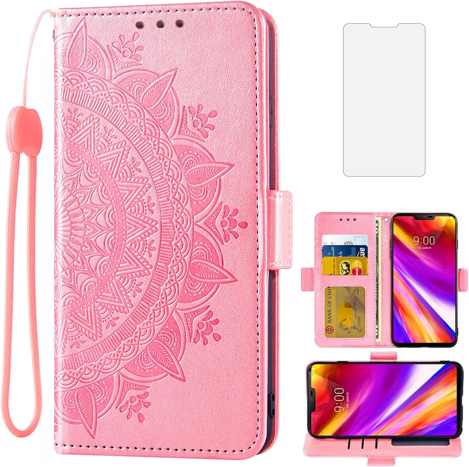 LG G7 ThinQ Wallet Case w/ Tempered Glass & Strap - Rose Gold