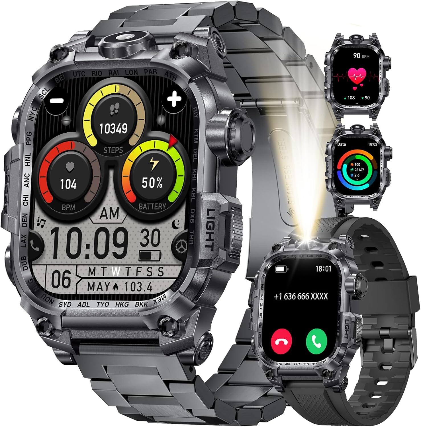 LIGE Military Rugged Smartwatch w/ LED Flashlight, 700mAh