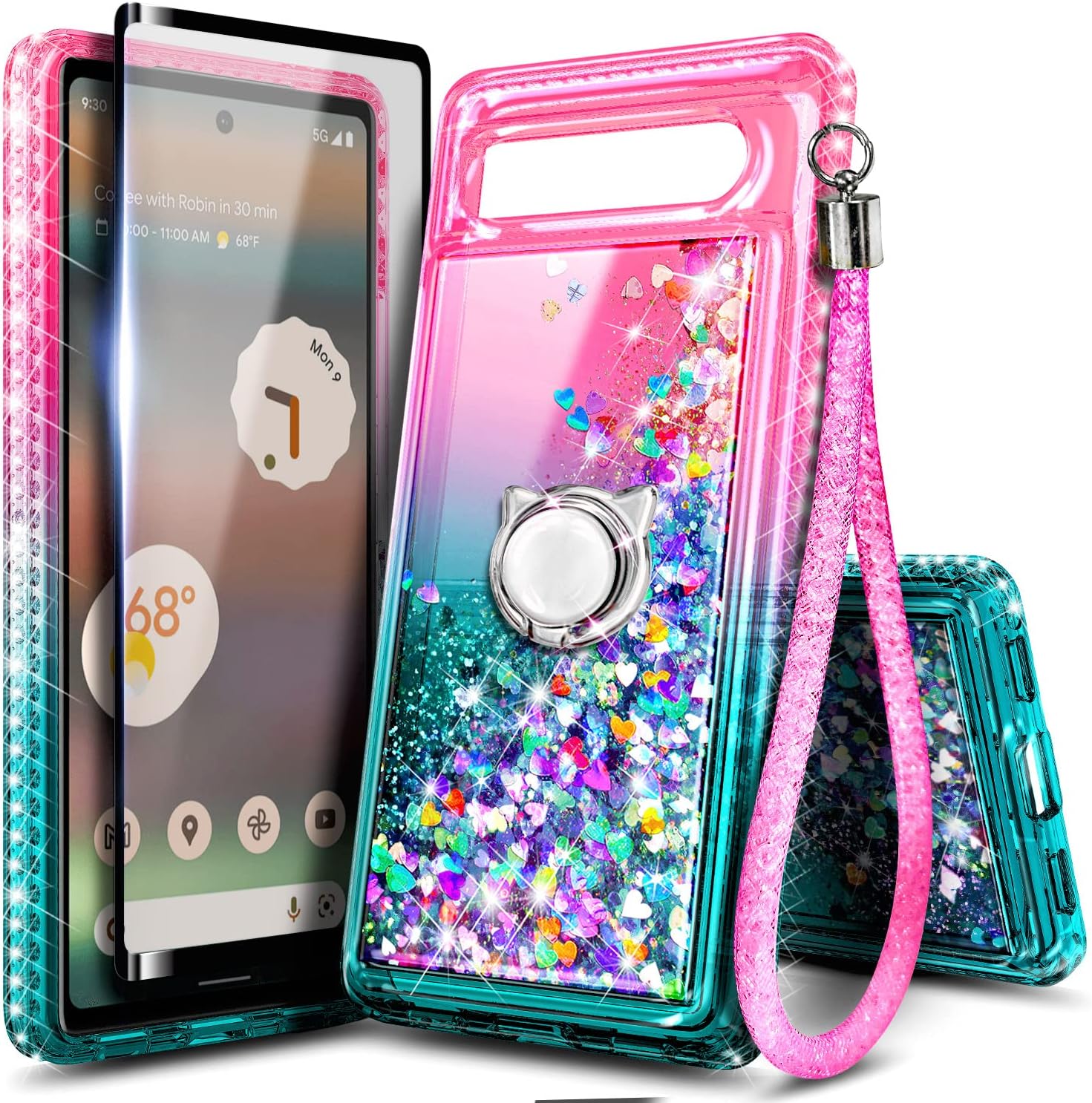 NZND Glitter Liquid Waterfall Case for Google Pixel 7 - Pink/Aqua