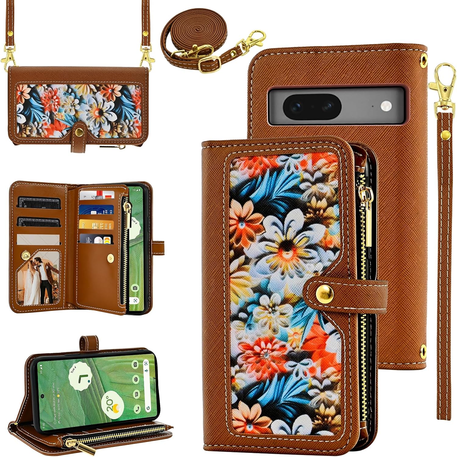 Pixel 7 Wallet Case with Strap, Card Holder & Stand - Brown