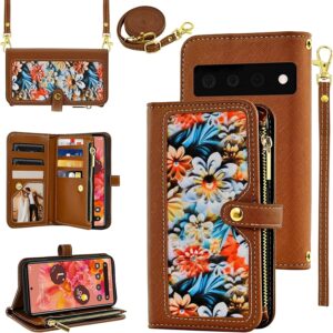 Floral Wallet Case for Google Pixel 6, Brown PU Leather w/ Wrist Strap