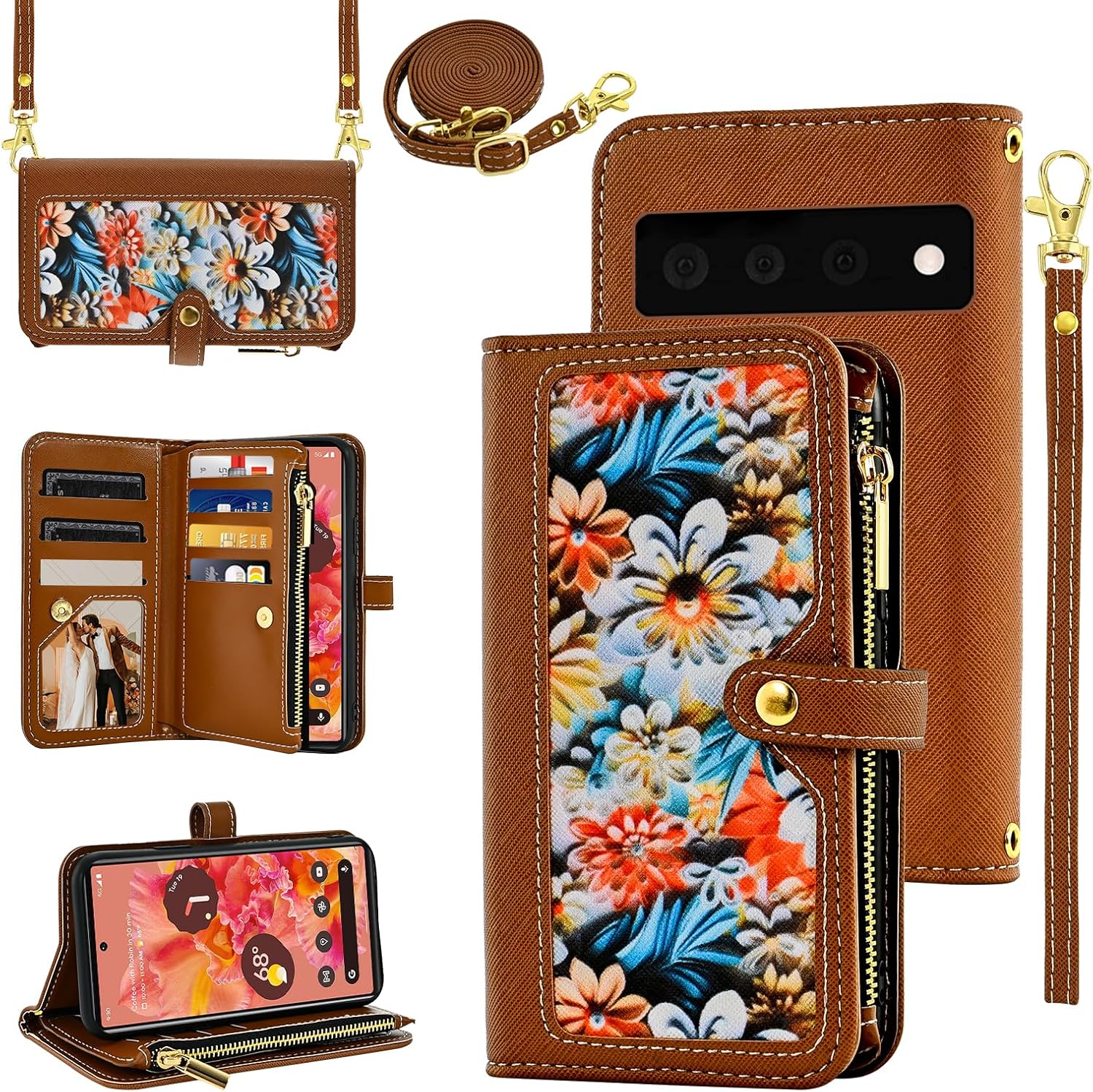 Floral Wallet Case for Google Pixel 6, Brown PU Leather w/ Wrist Strap