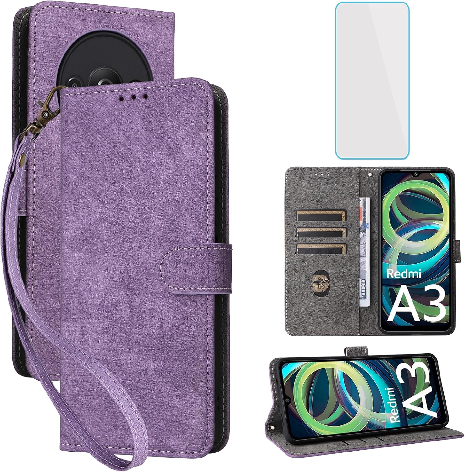 Redmi A3/Poco C61 Wallet Case with Screen Protector - Purple