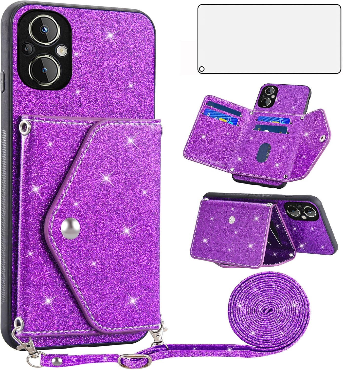 OnePlus Nord N20 5G Purple Glitter Wallet Case w/ Strap