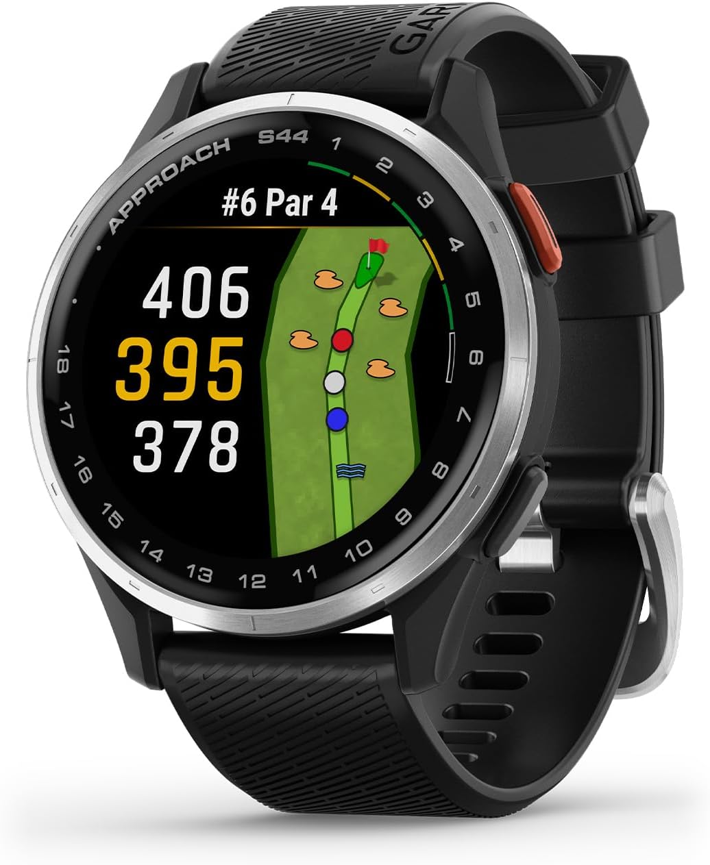 Garmin Approach S44, Essential Golf GPS Smartwatch, AMOLED Display, On-Course Features, Silver Aluminum Bezel with Black Silicone Band