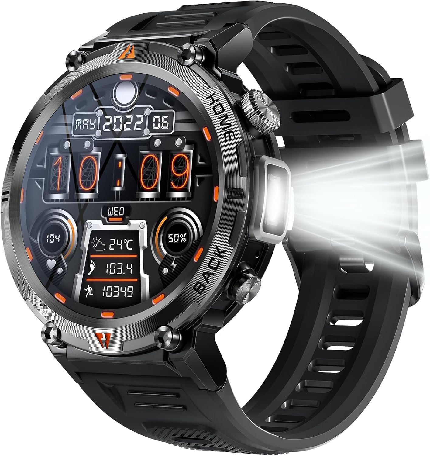 EIGIIS Military Smart Watch for Men Tactical with Bluetooth Call, Flashlight, 1.45" Big Screen, Fitness Tracker, Heart Rate Sleep Monitor, Waterproof, iPhone Android Compatible, Black