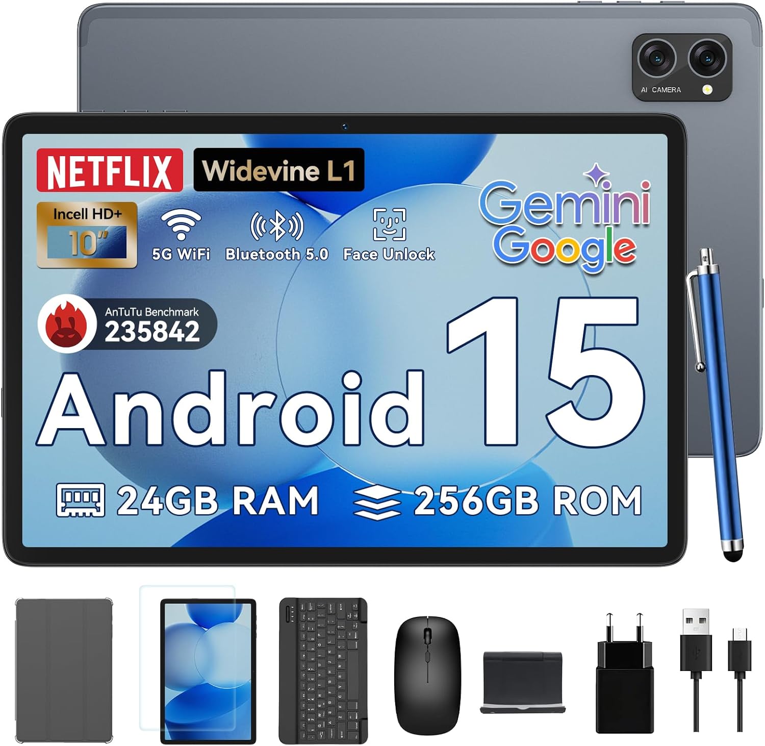 2025 Android 15 Tablet 10.1 Inch Incell Display 24GB RAM 256GB ROM Gemini AI Octa-Core 2-in