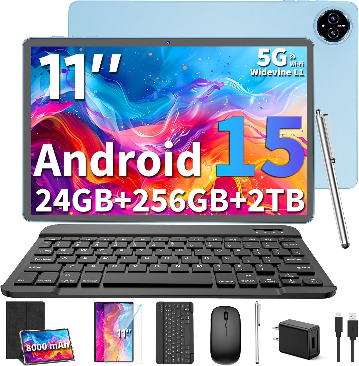 2025 Upgraded Android 15 Tablet 11 Inch with Keyboard, 24GB RAM 256GB Storage 2TB Expand, Face Unlock, 18W Fast Charging, Octa