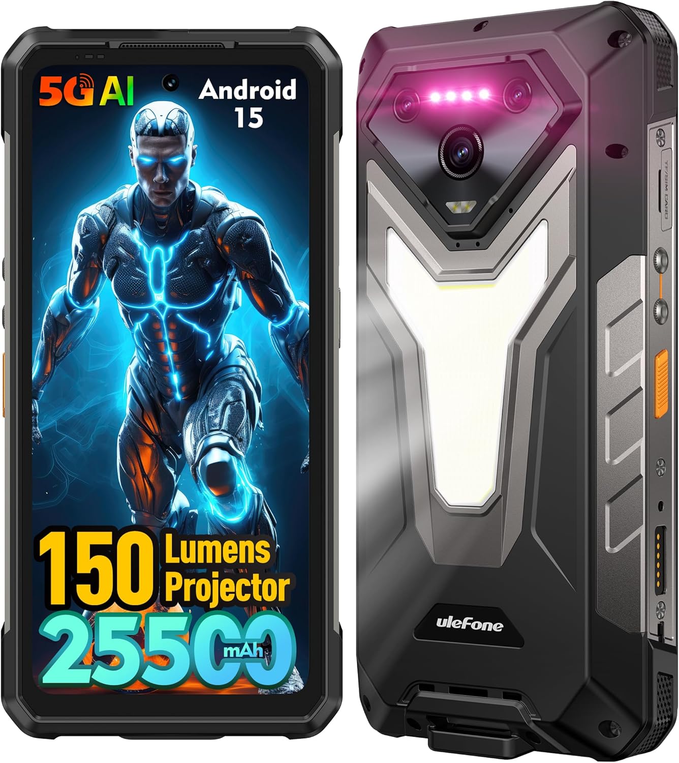 Ulefone Armor 34 Pro 5G Rugged Smartphone with 150 Lumens Projector, 25500mAh Battery, 512GB ROM, 64MP Camera, Android 15