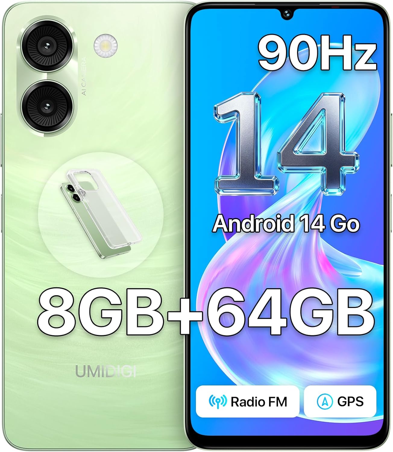 UMIDIGI G9A Unlocked Android 14 2025 Smartphone, 6.75" HD+ 90Hz Display, 8GB RAM 64GB Storage Expandable to 2TB, Octa